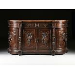 AN ITALIAN RENAISSANCE REVIVAL MARBLE TOPPED CARVED WALNUT SIDEBOARD, LATE 19TH CENTURY, of shaped