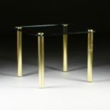 A VINTAGE MODERN GLASS TOPPED AND BRASS LEGS BREAKFAST TABLE, 1970's, the thick square glass top