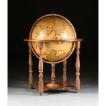 AN OLD WORLD STYLE WATERCOLOR ON PAPER GLOBE ON STAND, MID 20TH CENTURY, an iron axis rotates the