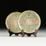 A PAIR OF CHINESE EXPORT YELLOW GROUND ENAMELED COPPER PLATES, QING DYNASTY (1644-1912), 18TH