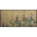 A JAPANESE RINPA SCHOOL POLYCHROME PAINTED AND GOLD LEAF SIX PANEL SCREEN, 19TH CENTURY, beautifully
