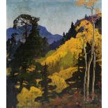 CARL REDIN (American 1892-1944) A PAINTING, "Yellow Birch in Mountainous Landscape," oil on