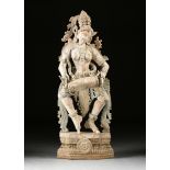 A SOUTHERN INDIAN POLYCHROME WOOD SCULPTURE OF A DANCING FIGURE, ATTRIBUTED TO KARNATAKA, 18TH/