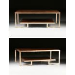 A PAIR OF CONTEMPORARY POLISHED OAK TOPPED AND SILVER LEAFED STEEL TWO TIER COFFEE TABLES, each of