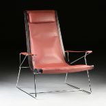 A CONTEMPORARY B&B ITALIA RED LEATHER, STAINED ASH AND CHROMED STEEL ARMCHAIR, J.J. STYLE,
