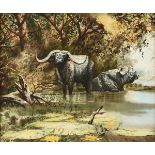 PAUL AUGUSTINUS (Danish/African b. 1952) A PAINTING, "Water Buffalo," 1980, watercolor on paper,