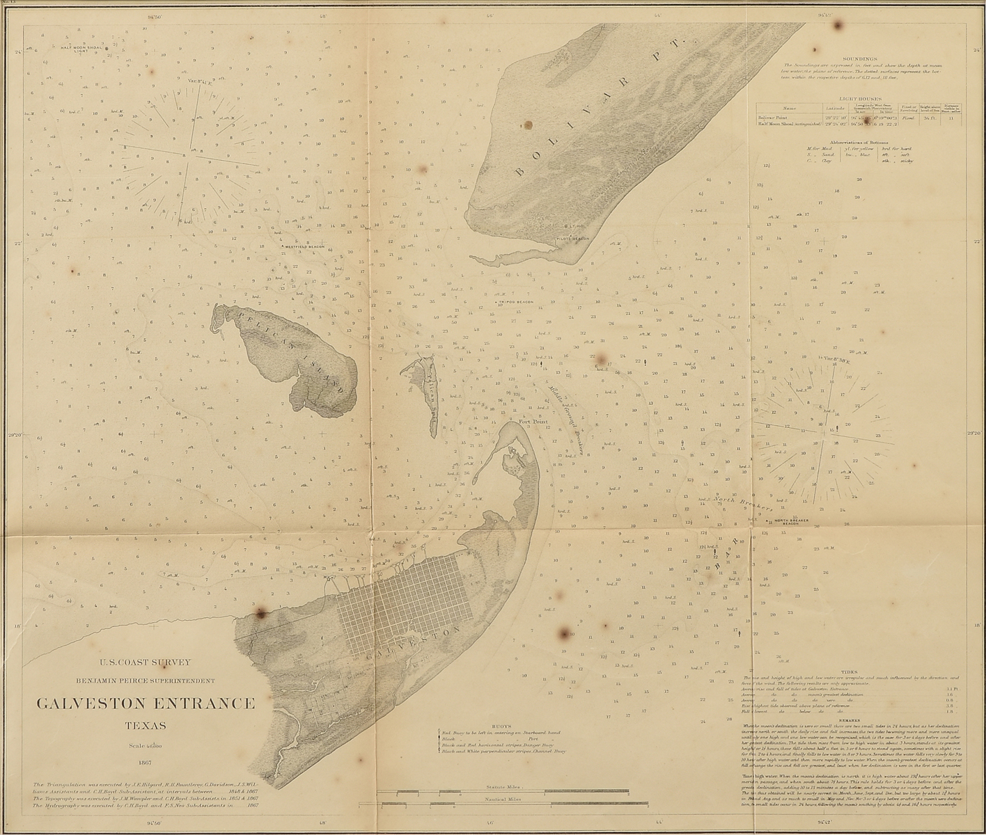 AN ANTIQUE AMERICAN CIVIL WAR/RECONSTRUCTION ERA U.S. COAST SURVEY MAP, "Galveston Entrance, Texas,"