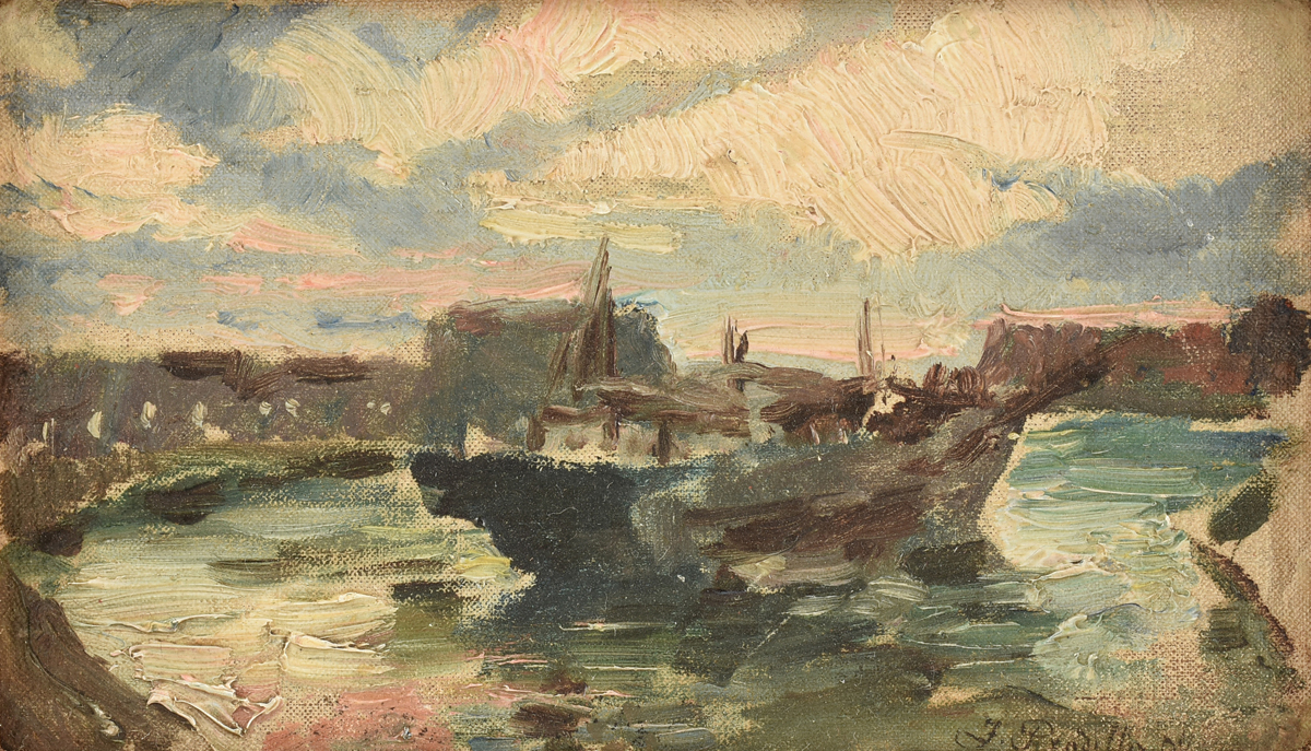 FRANCISCO PRADILLA Y ORTIZ (Spanish 1848-1921) A PAINTING, "A Coastal Town," 1906, oil on canvas
