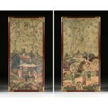 A PAIR OF TALL ANTIQUE CHINESE GOUACHE AND WATERCOLOR WALLPAPER PANELS, LATE QING DYNASTY, LATE