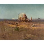 PORFIRIO SALINAS (American/Texas 1910-1973) A PAINTING, "Chuckwagon," oil on canvas, signed L/L. 20"