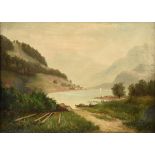 CONTINENTAL SCHOOL (19th Century) A PAINTING, "Lumber in Mountain Valley Landscape," oil on