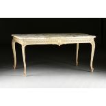 AN ELEGANT LOUIS XV/XVI TRANSITIONAL STYLE MARBLE TOPPED AND WHITE PAINTED TABLE MILIEU, BY MAISON