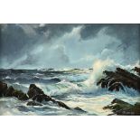 DANA GIBSON NOBLE (American 1915-1977) A PAINTING, "Storm Brewing Over Choppy Emerald Waters," oil