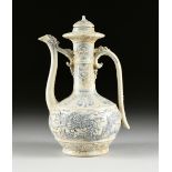 A FINE VIETNAMESE/ANNAMESE BLUE AND WHITE PAINTED AND CARVED CERAMIC LIDDED EWER, SHIPWRECK