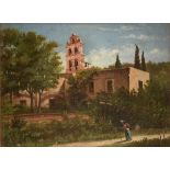 AN AMERICAN SCHOOL PAINTING, "Spanish Mission with Figure," 19TH CENTURY, oil on canvas, signed