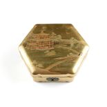 A JAPANESE GILT AND POLYCHROME LACQUERED HEXAGONAL BOX, EARLY 20TH CENTURY, the hinged lid depicting