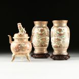A GROUP OF THREE SATSUMA PARCEL GILT AND POLYCHROME PAINTED EARTHENWARES, SIGNED, MEIJI PERIOD (