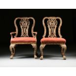 A SET OF EIGHT GEORGE II STYLE SILVER LEAF CARVED WOOD DINING CHAIRS, MODERN, comprising two