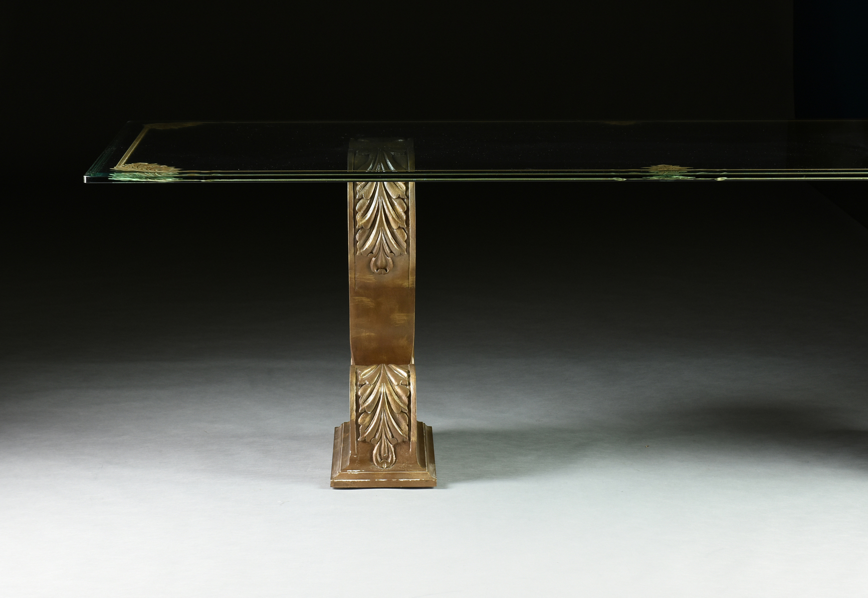 A HOLLYWOOD REGENCY STYLE GILT ETCHED GLASS TOP DUAL PEDESTAL DINING TABLE, MODERN, the - Image 2 of 8
