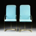 A SET OF FOUR VINTAGE MODERN TURQUOISE BLUE UPHOLSTERED AND LACQUERED BRASS DINING ARMCHAIRS, BY