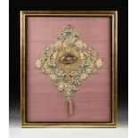 A CHINESE SILK AND GILT COUCHED THREAD FORBIDDEN STITCH EMBROIDERY LADY'S FESTIVAL COLLAR, LATE QING