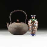 A JAPANESE IRON AND BRONZE TETSUBIN TEA KETTLE AND CLOISONNÉ VASE, the teapot attributed to the