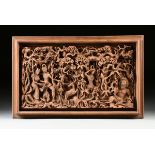 A SOUTH EAST ASIAN CARVED TEAK NARRATIVE PANEL, POSSIBLY BURMESE/THAI, 20TH CENTURY, of square