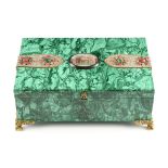 A CONTINENTAL MICROMOSAIC AND FAUX JEWEL FILIGREE MOUNTED MALACHITE JEWELRY BOX, POSSIBLY EARLY 20TH