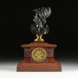 A NEOCLASSICAL BRONZE AND ROUGE MARBLE MANTEL CLOCK, MID 19TH CENTURY, retailed by Miller & Sons,