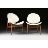 A PAIR OF MID CENTURY MODERN WALNUT "OYSTER" LOUNGE CHAIRS, CIRCA 1965, upholstered with original