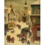 PAUL LEMASSON (French 1897-1971) A PAINTING, "Leaving Church," oil on board, signed L/R. 10" x 8"