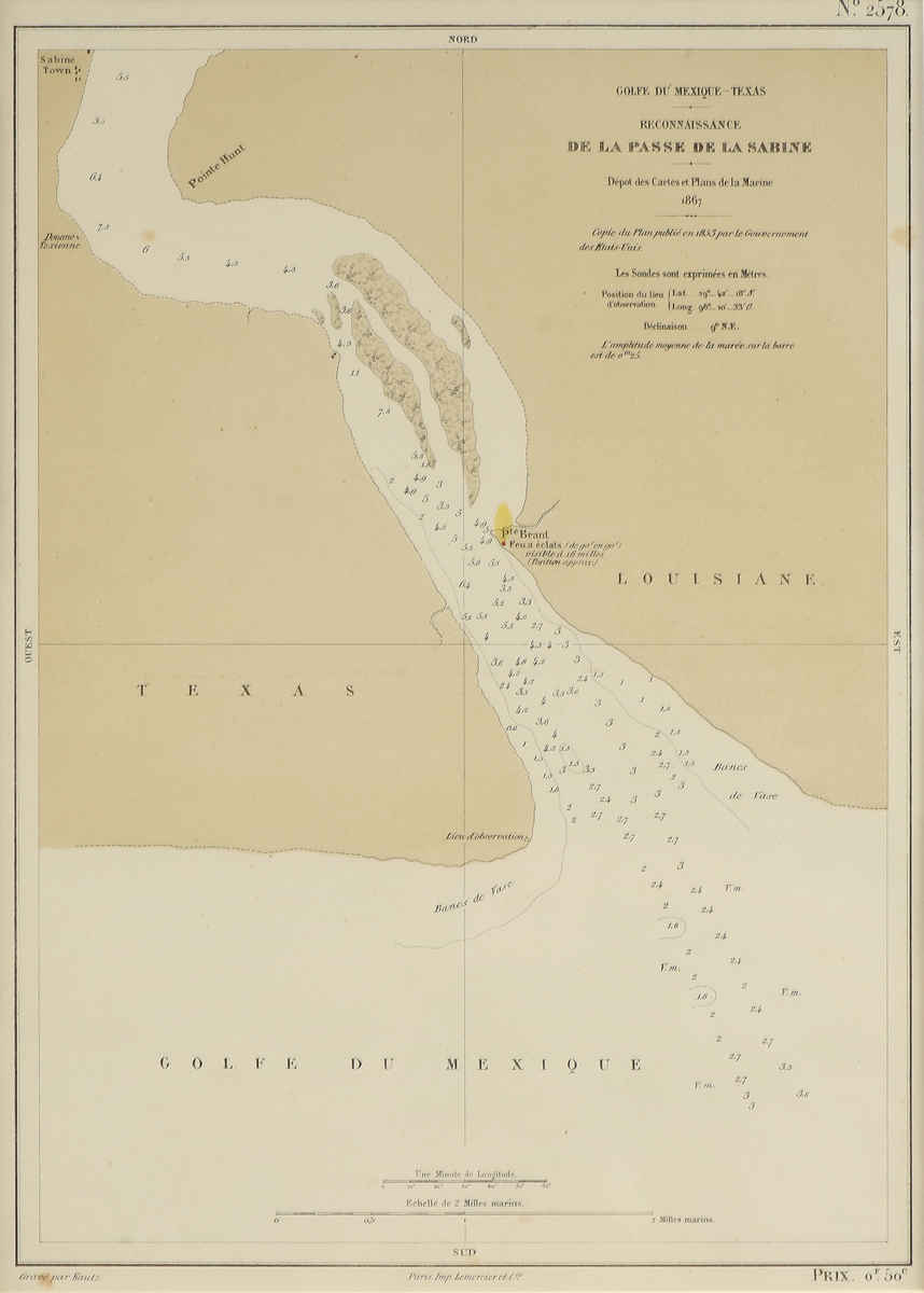 AN ANTIQUE TEXAS/LOUISIANA BORDER SABINE RIVER SURVEY MAP, "Golfe du Mexique-Texas,