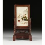 A CHINESE HAND PAINTED WHITE MARBLE AND CARVED WOOD TABLE SCREEN, REPUBLIC PERIOD (1912-1949), the