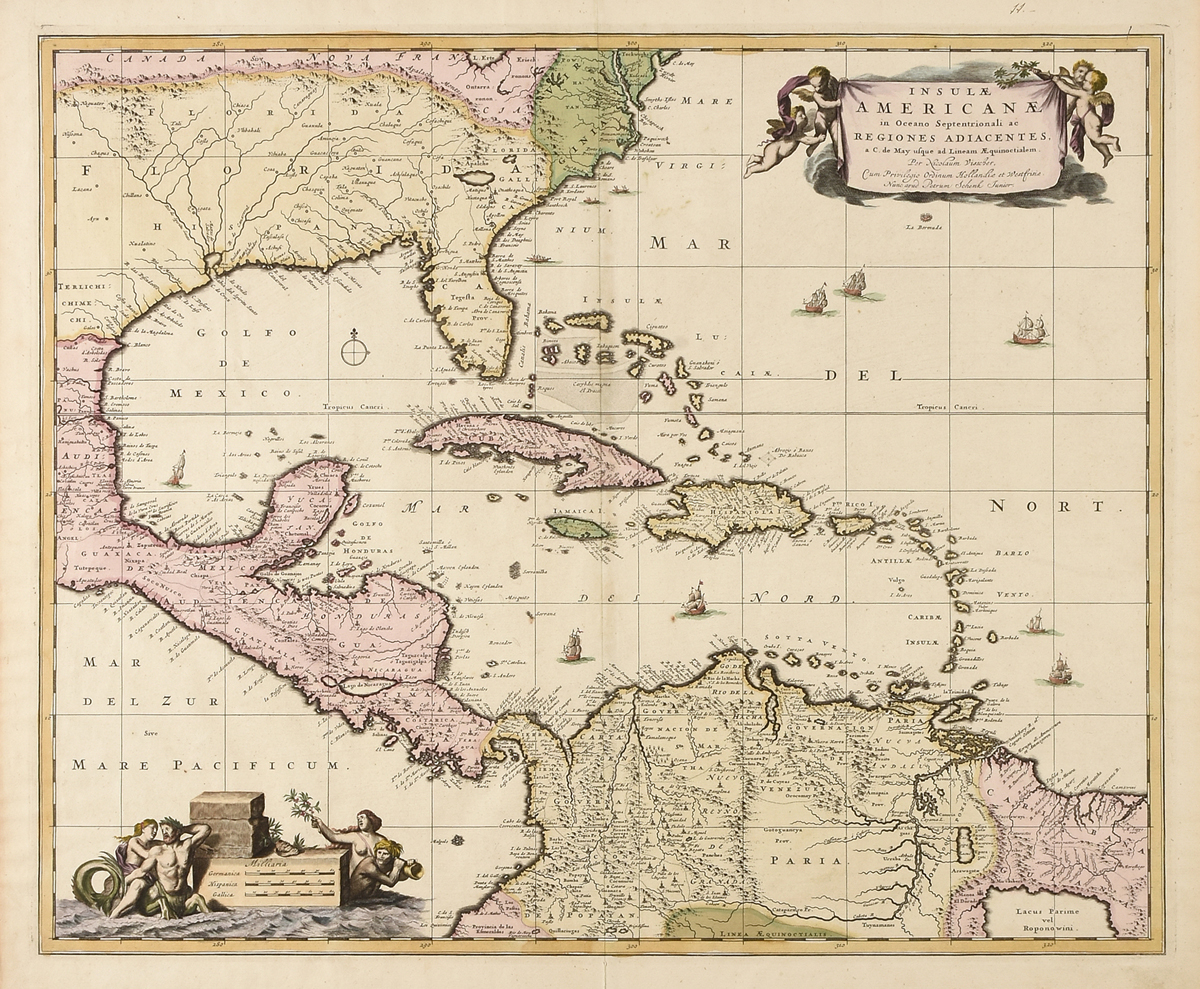 AN ANTIQUE MAP, "Insulæ Americanæ in Oceano septentrionali ae Regiones Adiacentes a C. de May