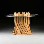 A CONTEMPORARY BRUSHED ALUMINUM AND BIRCH PLYWOOD OCCASIONAL TABLE, BY GREGG FLEISHMAN, SIGNED,