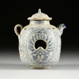 A RARE VIETNAMESE/ANNAMESE BLUE AND WHITE PORCELAIN PIERCED AND LIDDED TEAPOT, SHIPWRECK ARTIFACT,