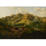 VÍCTOR PATRICIO LANDALUZE (Spanish/Cuban 1828-1889) A PAINTING, "Valley Plantation with Horse