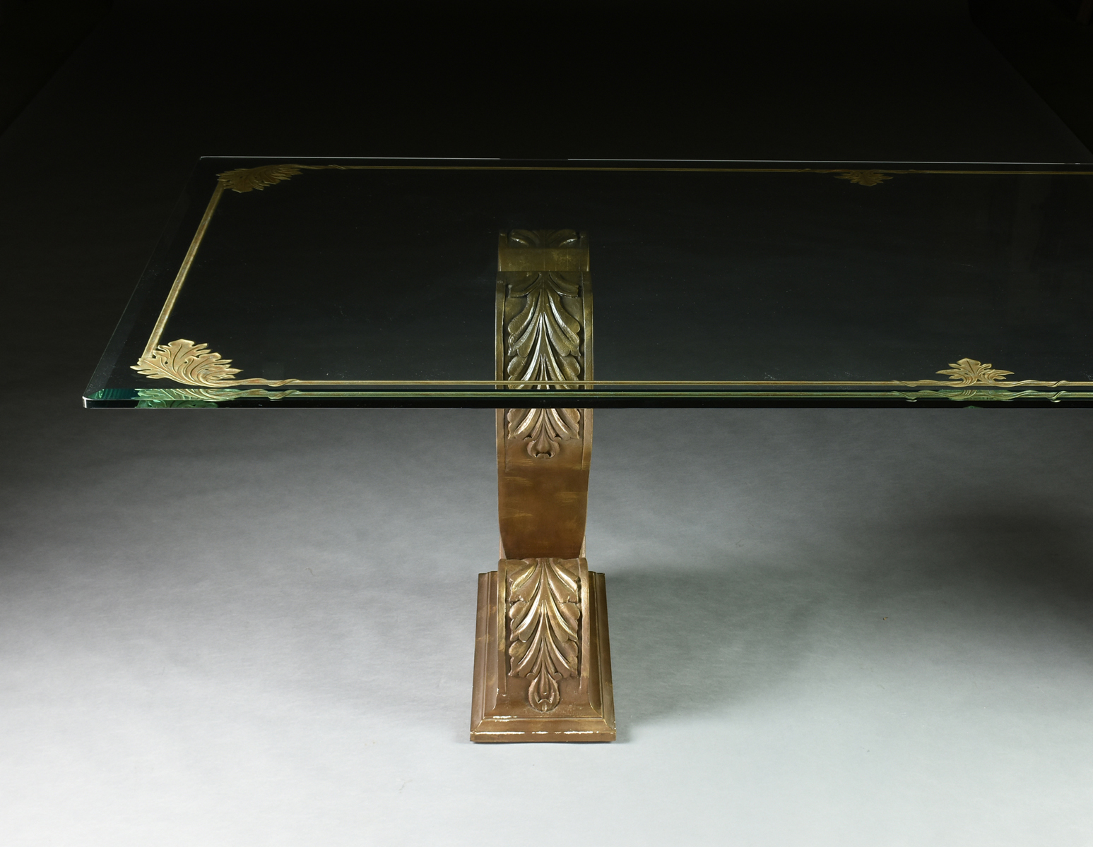 A HOLLYWOOD REGENCY STYLE GILT ETCHED GLASS TOP DUAL PEDESTAL DINING TABLE, MODERN, the - Image 3 of 8