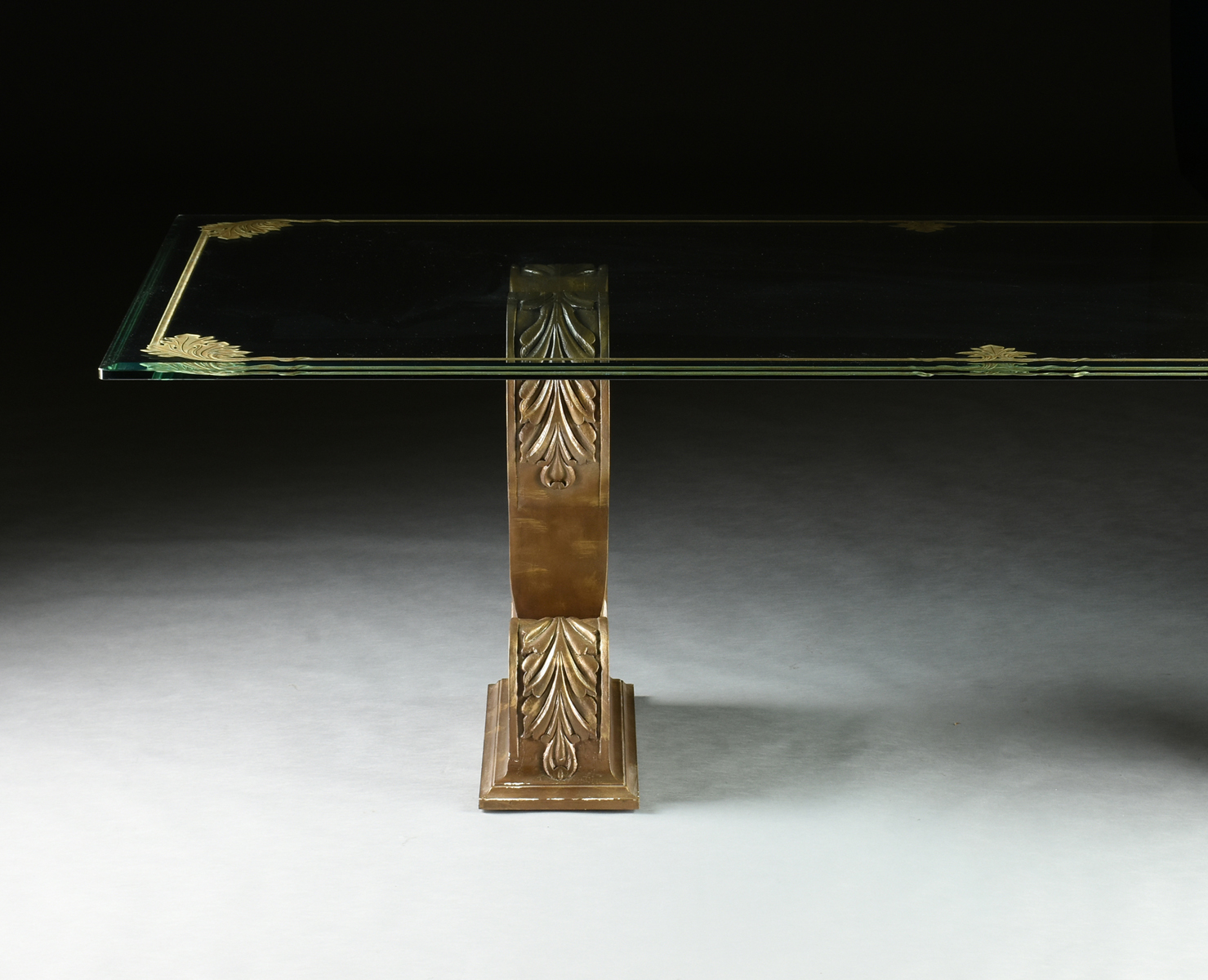 A HOLLYWOOD REGENCY STYLE GILT ETCHED GLASS TOP DUAL PEDESTAL DINING TABLE, MODERN, the - Image 4 of 8