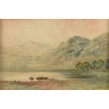 AMERICAN SCHOOL (19th/20th Century) A PAINTING, "Figures working by lake in Landscape," watercolor