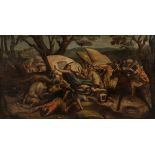 Italian School, 17th/18th Century Style Battle Scene with Figures Fleeing an Attack Unsigned. Oil on