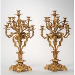 Pair of Dore Bronze Ten-light Candelabra, France, each with scrolled foliate branches mounted atop a