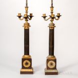 Pair of Patinated- and Gilt-bronze Candelabra Table Lamps, 19th/20th century, each three-arm