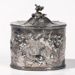 Jones, Ball & Co. Coin Silver Tea Canister, Boston, mid-19th century, monogrammed, with a chased oak