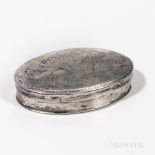 Silver Snuffbox, 18th century, unmarked, with engraved floral bouquet to lid and monogram to