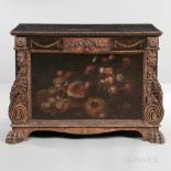 Baroque-style Painted Leather Chest, composed of antique elements, top painted with depiction of
