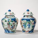 Pair of Famille Verte Vases and Covers, China, modern, decorated with a continuous landscape