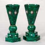 Pair of Russian Malachite Vases, modern, hexagonal trumpet shape with applied cameos and stones, ht.