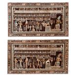 Pair of Egyptianesque Inlaid and Polychrome Painted Wall Panels, modern, the central scenes depict