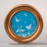 Minton Porcelain Turquoise-glazed Plate, England, c. 1875, white enamel decorated with birds,